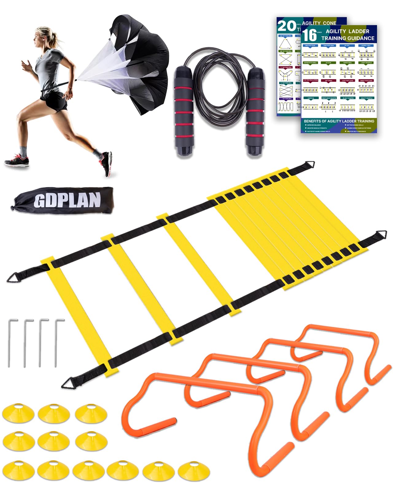 Agility Ladder Speed Training Equipment Set,20Ft Agility Ladder with 12 Rungs,4 Hurdles,1 Running Parachute,12 Football Cones,1 Adjustable Skipping Rope,Training Guide Drawings Included