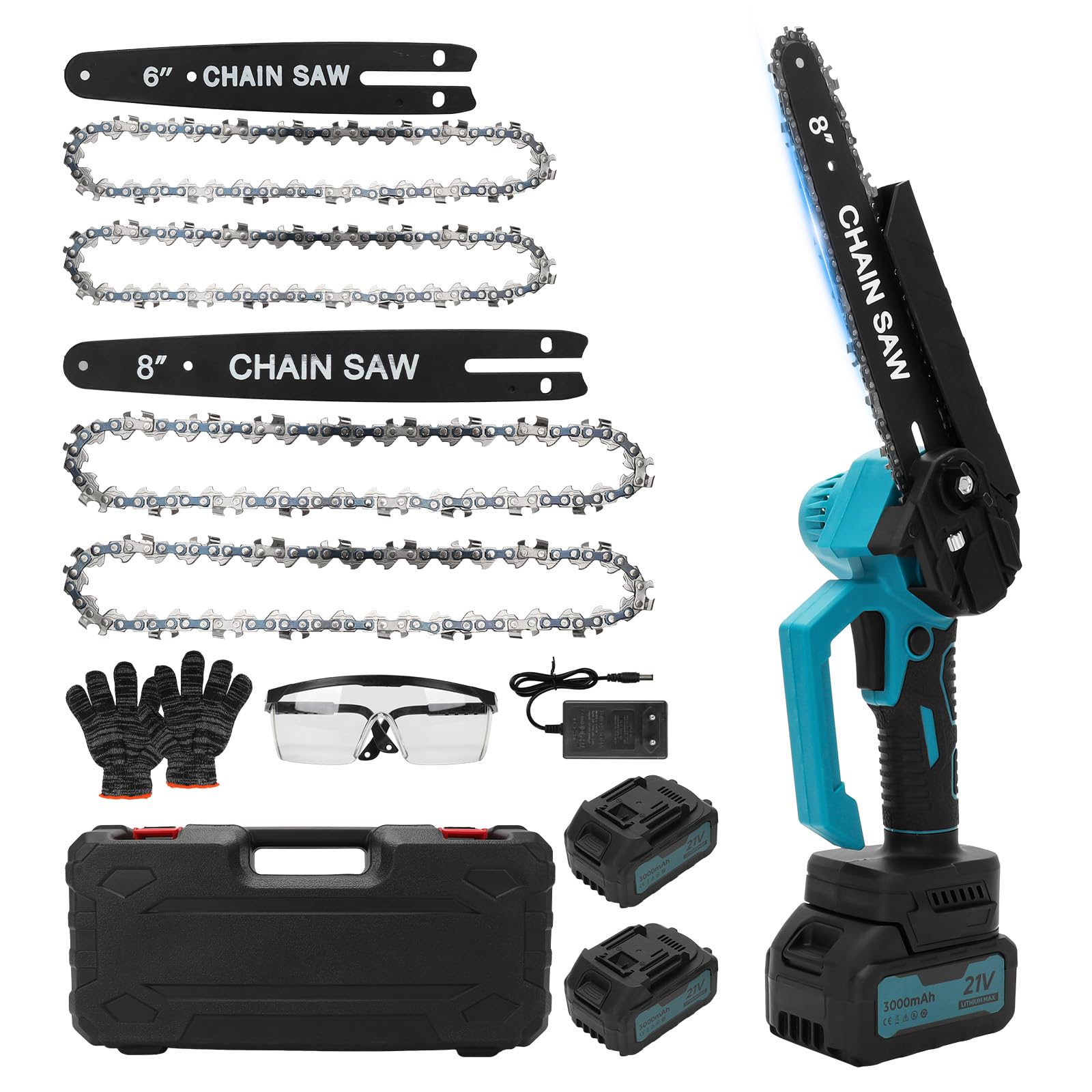 panthem 6 Zoll & 8 Zoll Mini Kettensäge mit 2 * 3 Ah Akkus, Bürstenlose Handkettensäge mit Automatischer Öler und Ersatzkette, Kompatible mit Makita Akku 18V, Elektrische Säge für für Holz, Ast