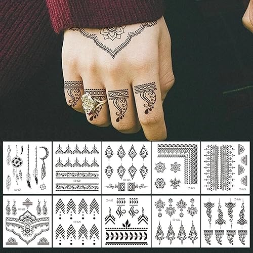 18 hojas de calcomanías de tatuajes de henna negra, juego de tatuajes temporales pequeños, realista, mini mandala flor, patrón abstracto de búho,