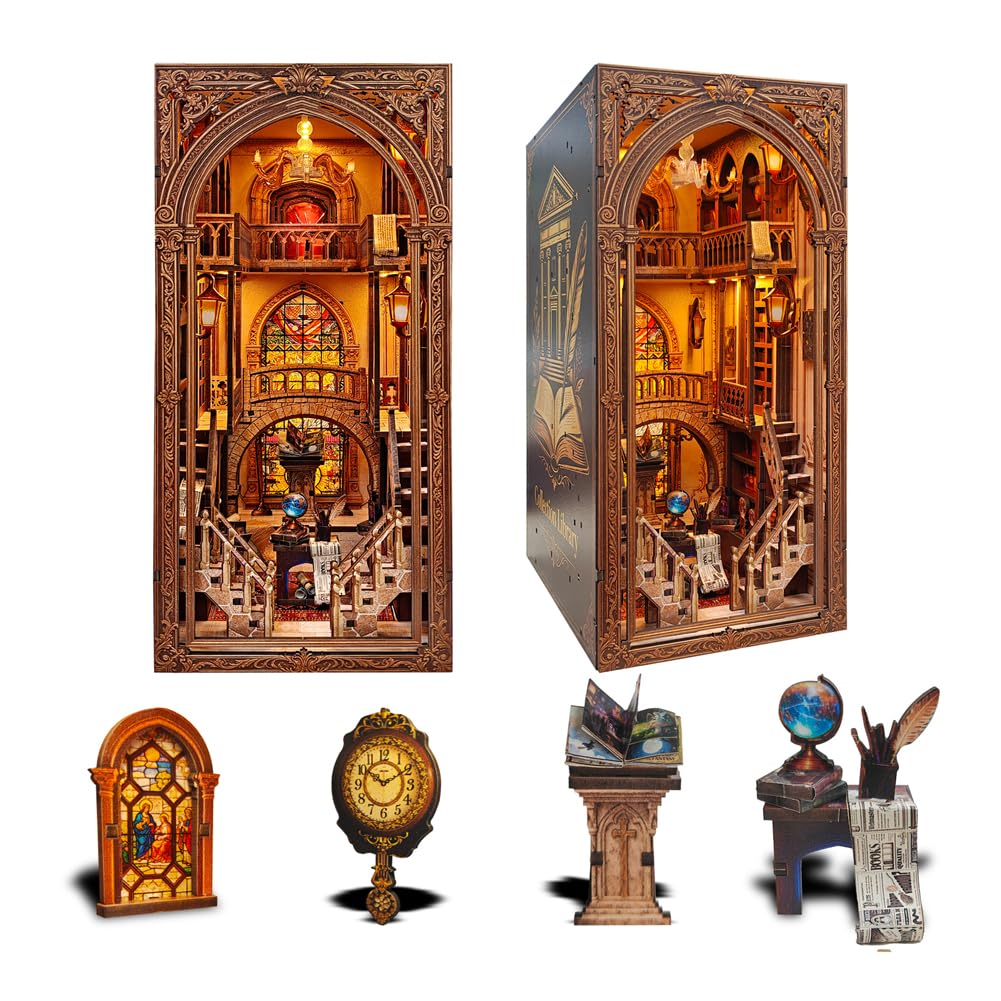 Zestaw do majsterkowania, narożnik na książki, miniaturowy model biblioteczny do samodzielnego montażu, meble do domku dla lalek i akcesoria z oświetleniem LED, podpórkami do książek, stojakiem na