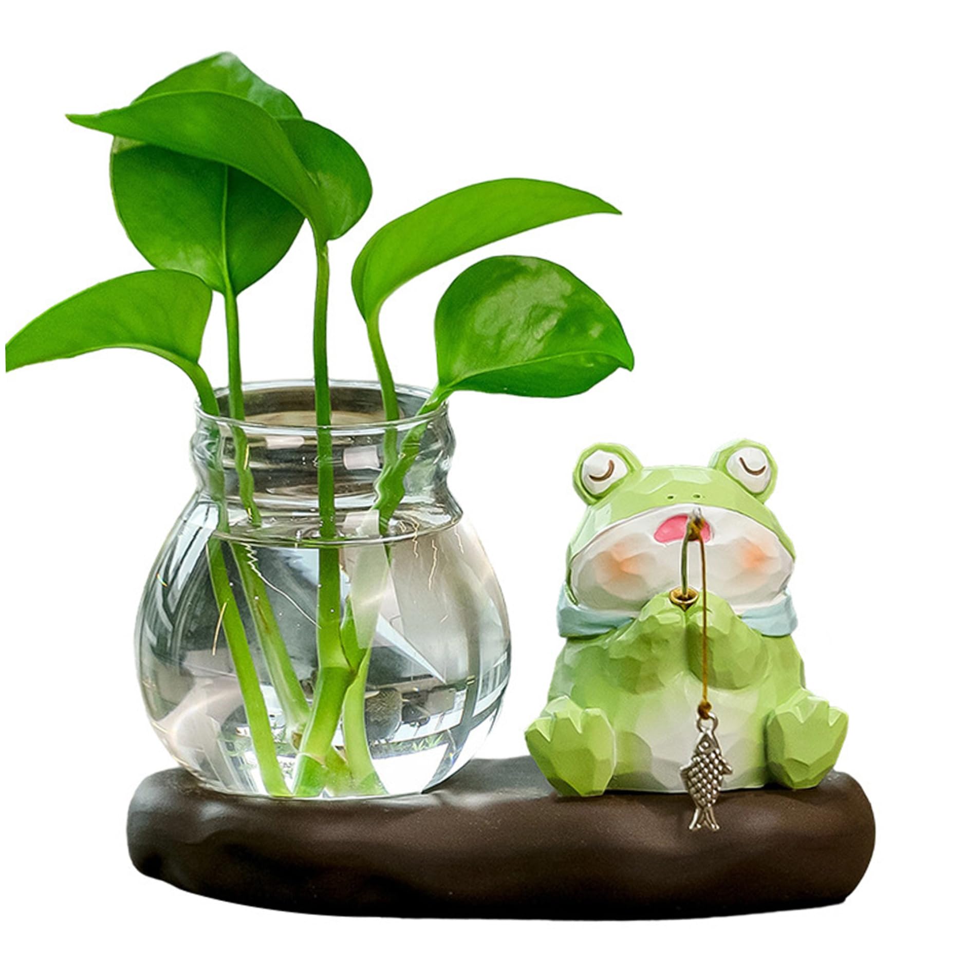 Latemeia Plant Propagation Vases, Plant Propagation Station with Wooden Base & Cute Frog Ornament, Hydroponic Planter for Desk, Office Decorations