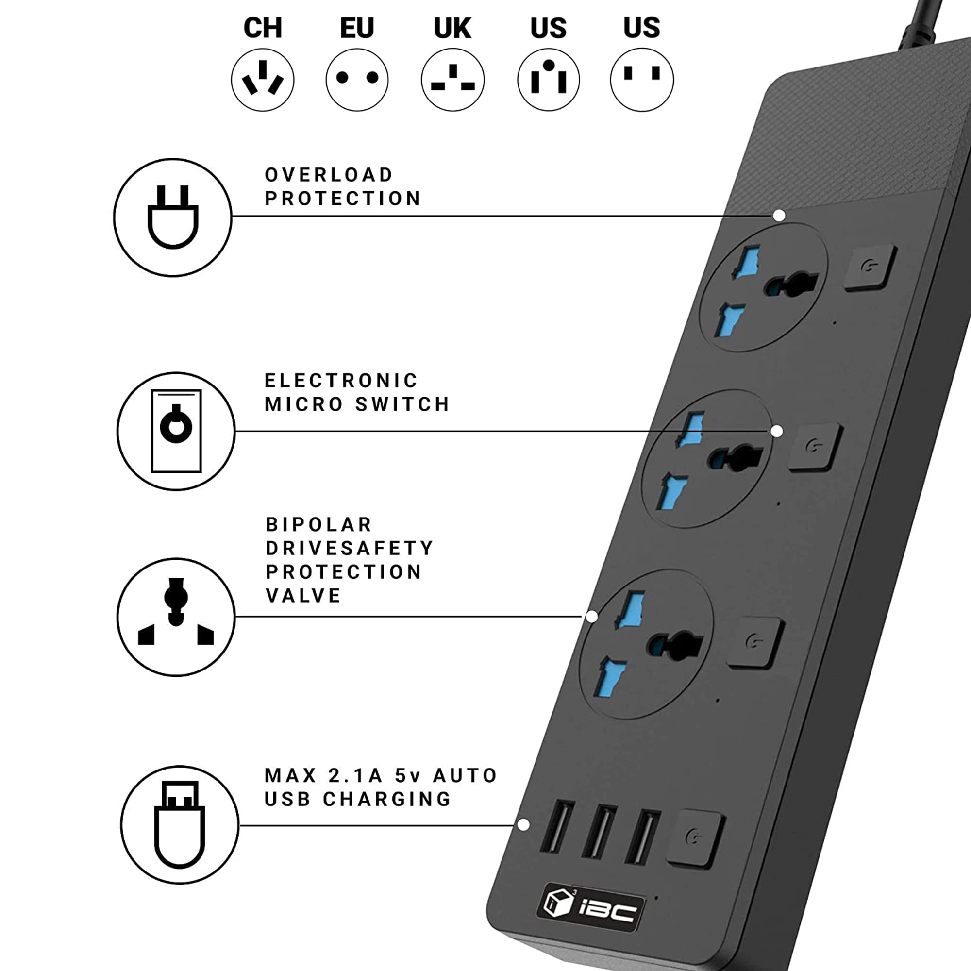 iBlockCube Extension Lead with 3 USB Slots 2 Meter Cable Cord Power