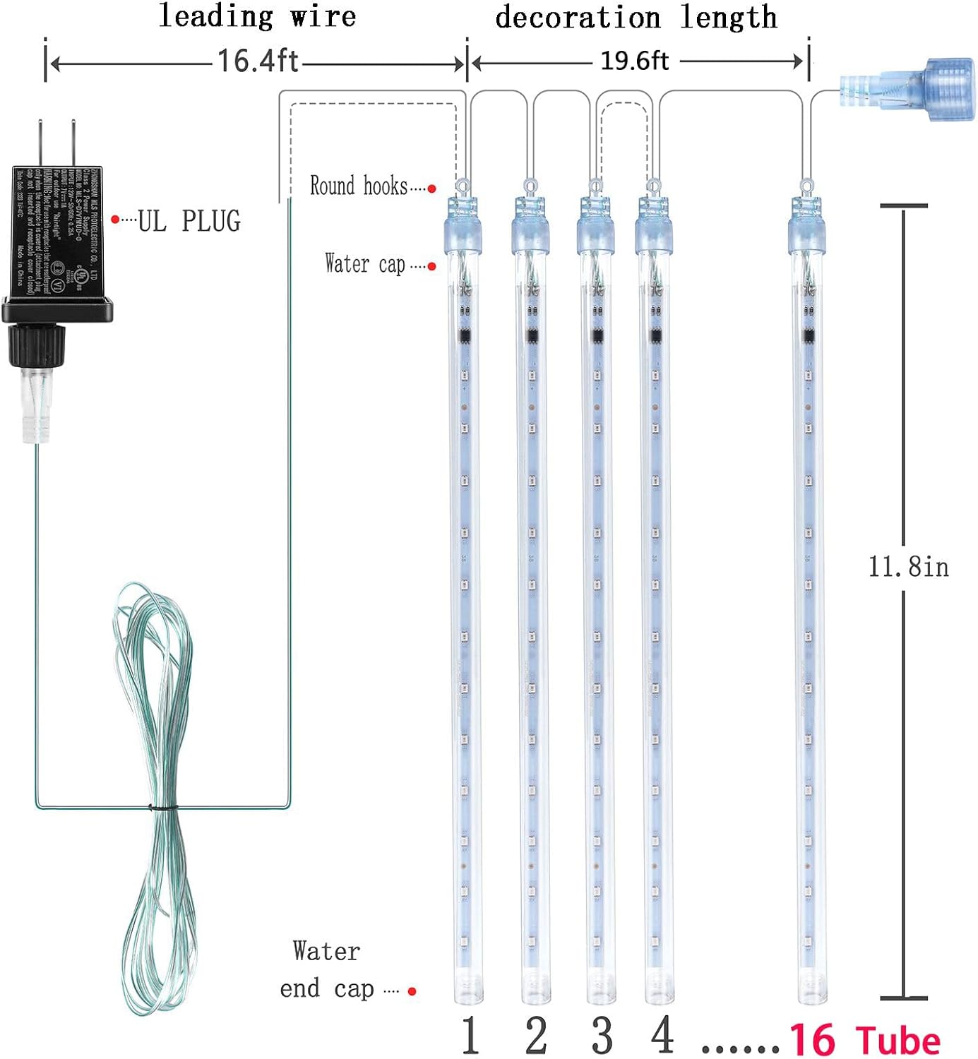 Kwaiffeo Warm White Icicle Lights Outdoor, 16-Tube Meteor Shower Lights for Christmas Thanksgiving New Year Party Yard Wedding Decor, Equivalent to 2 Sets of 8-Tubes