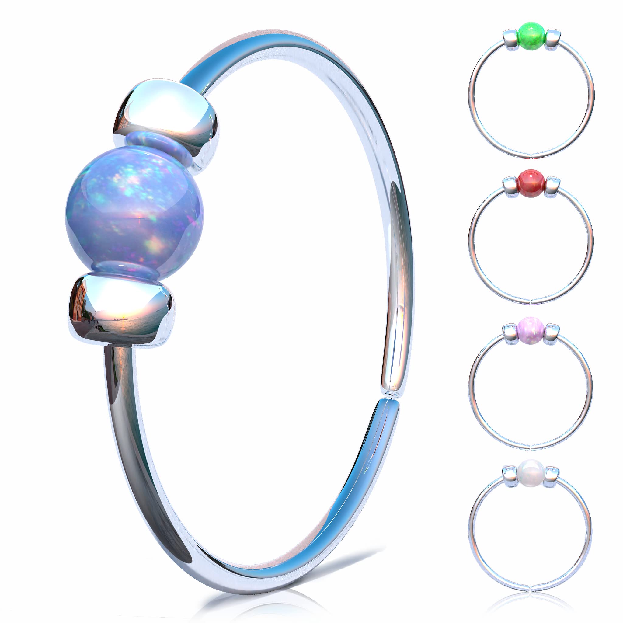 Thin Sterling Silver Tiny Nose Ring - Opal nose rings - - 2 mm Light Blue Opal piercing Nose Hoop - 24 gauge very Thin Nose Hoop Tiny Piercings Nose Rings hoop