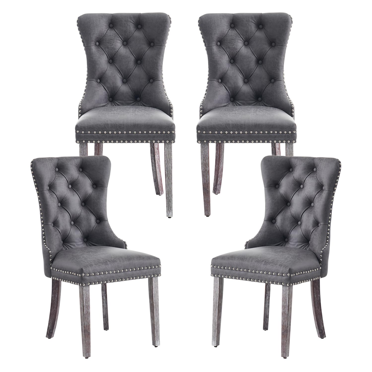 Kiztir Leather Dining Chairs Set of 4, Upholstered Dining Chair with Nailhead Trim and Solid Wood Legs, Luxury Wingback Dining Side Chair for Living