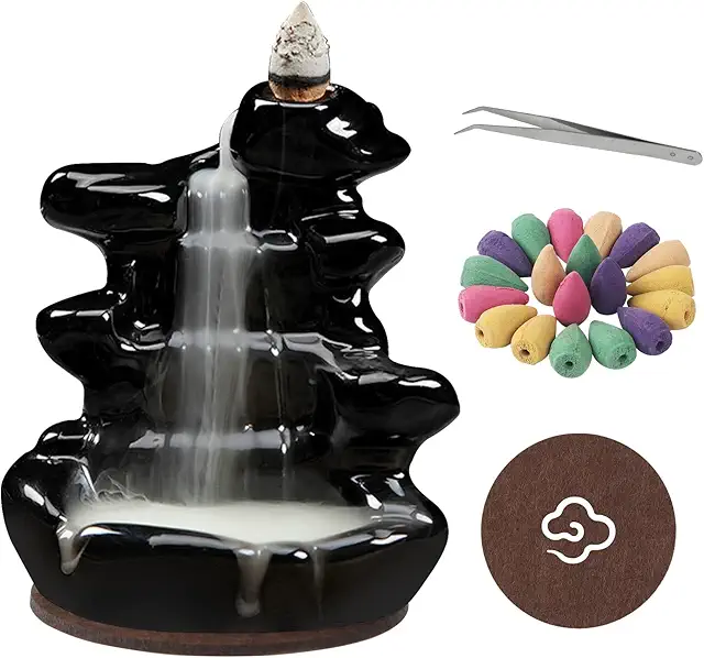 Ceramic Waterfall Backflow Incense Burner with 60 Cones, Tongs & Mat - Meditation & Yoga Decor
