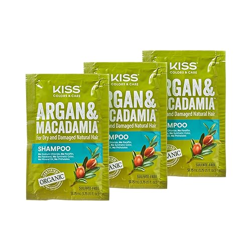 KISS Color & Care Argán y Macadamia para cabello natural seco y dañado, paquete de 3 champú revitalizante