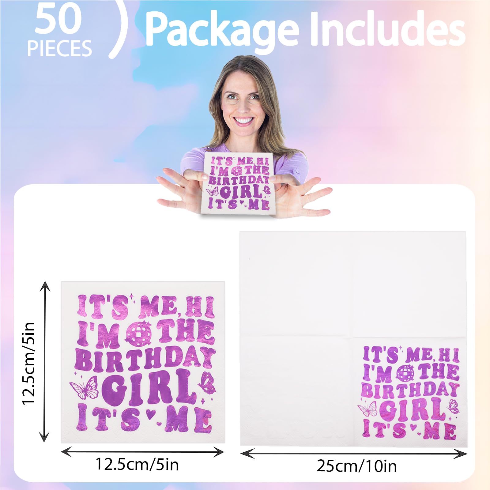 50 Pieces It's Me Hi I'm the Birthday Girl It's Me Napkins, 3-layer Popular Singer Cocktail Napkins Happy Birthday Decorations for Fans - 5