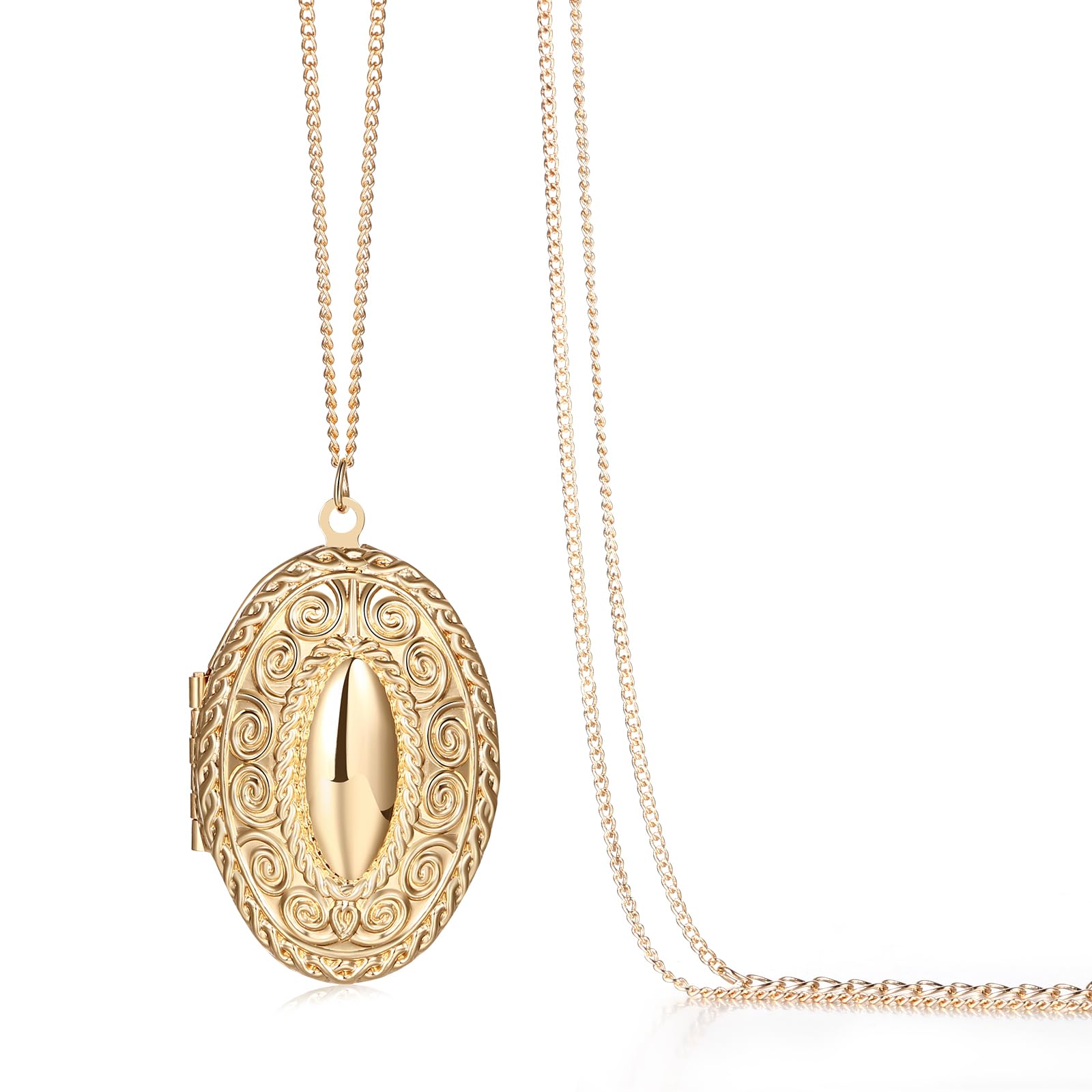 OIDEA Gold Picture Locket Necklace for Women: Oval Flower Locket Pendant That Holds Photo Gold Plated Women's Lockets Jewelry Gift, Chain 15.74"+1.97"
