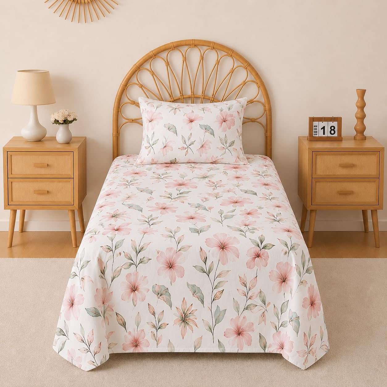 VAS COLLECTIONS 240 TC Premium Cotton Single Bedsheet, Soft Breathable Comfortable Floral Printed Bed Sheet, Elegant Durable Bedding for Bedroom, Easy Care Single Bed Cover,60 x 90 Inches - Warm Pearl