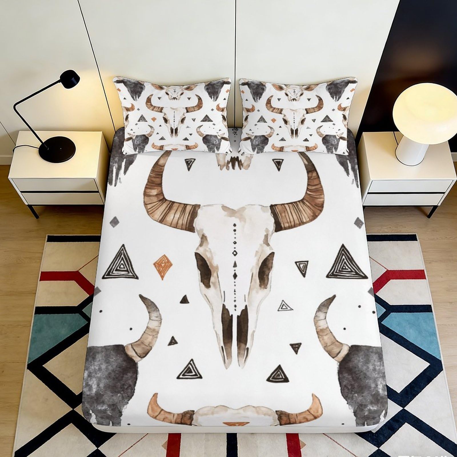 3D Printed Bull Skull Fitted Sheet Microfiber Tribal Geometric Bed Cover for Bedroom Dorm Mattress Protection Decor 90x200x25cm