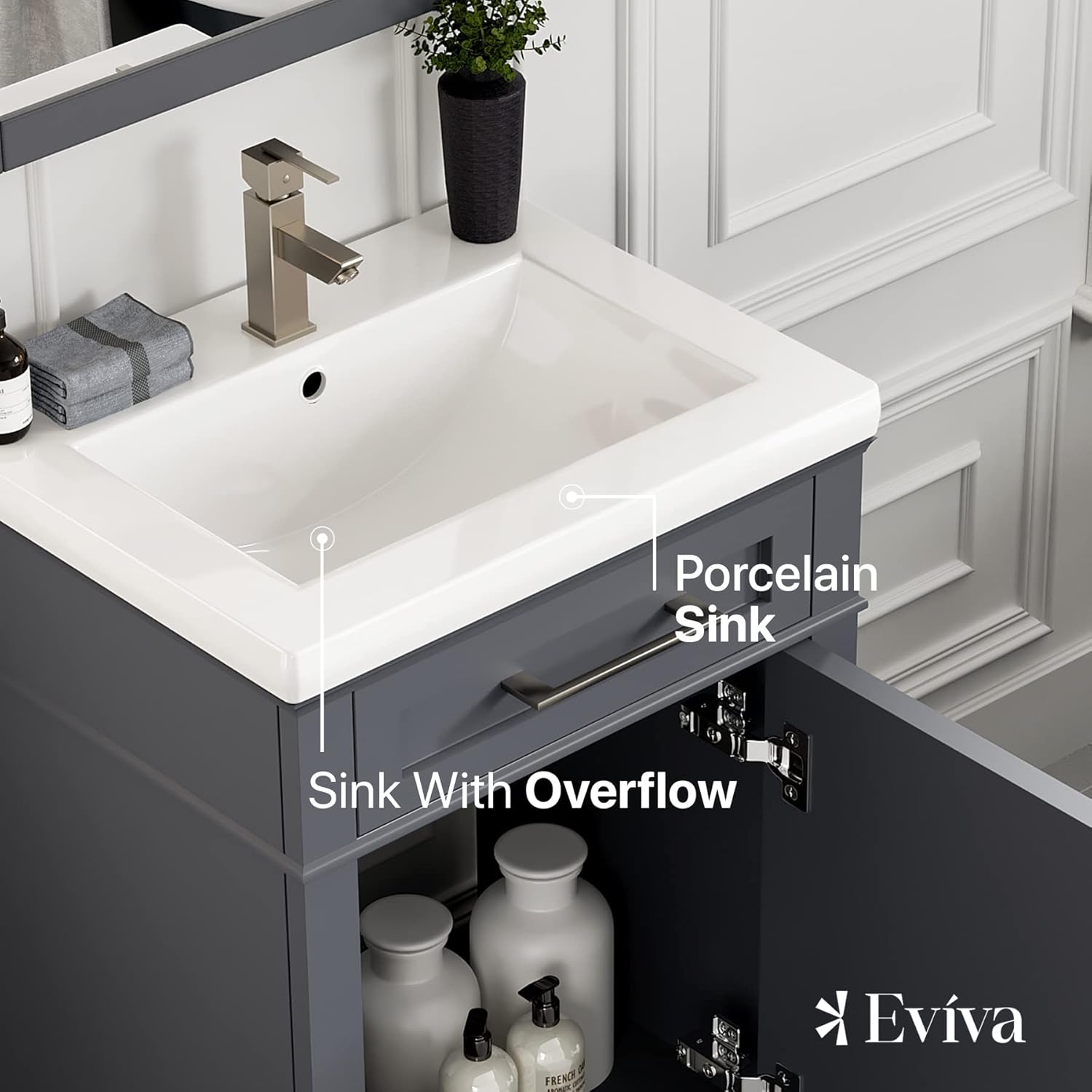 Eviva Garci Dark Gray Small Bathroom Vanity with Sink - Standing Single Sink Bathroom Vanity with Top - Wood Bathroom Sink Cabinet - 24x18 Inch Vanity with Sink
