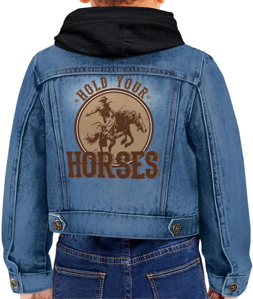 Hold Your Horses Toddler Hooded Denim Jacket - Cowboy Present - Western Apparel - Denim with Black, 2-3T