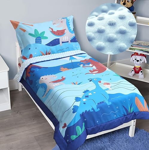 ACRABROS Juego de ropa de cama infantil de 4 piezas para niñas y niños, incluye edredón, sábana bajera ajustable, sábana encimera y funda de