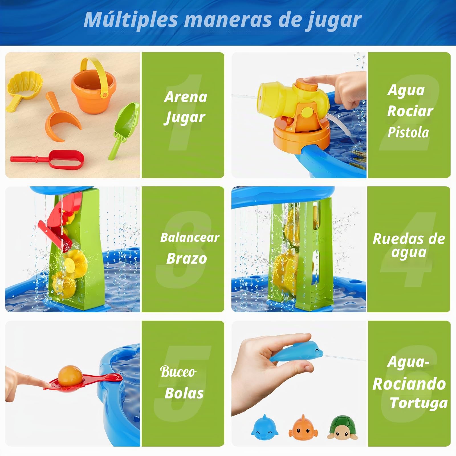 HYES Mesa de Agua para Niños 3 Niveles con Paraguas, Arena, Duchas - Azul