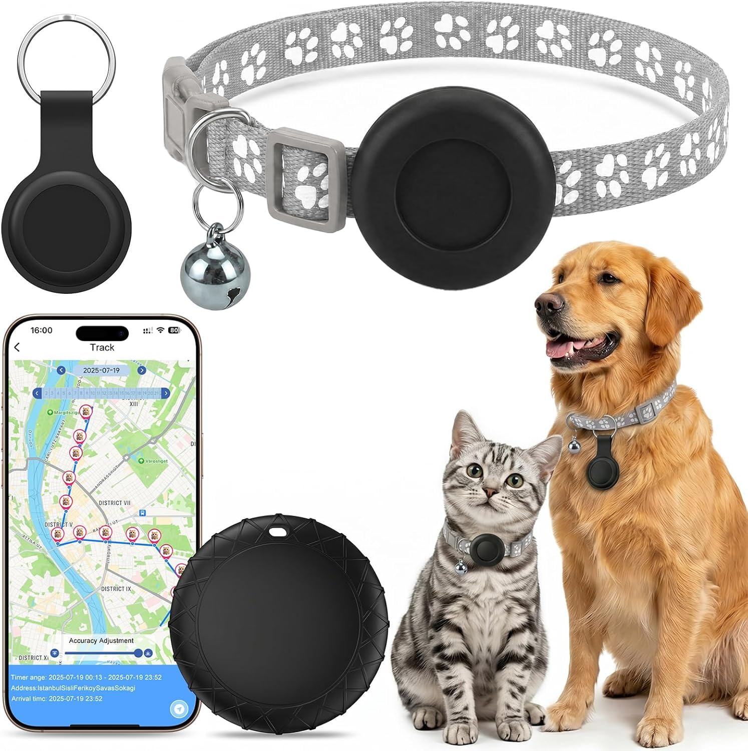 GPS Gatos Localizador GPS Perros, Compatible con Sistemas iOS y Android, Posicionamiento Global en Tiempo Real, Collar Ajustable GPS Perros/Gatos Sin Suscripción, Resistente al Agua IPX6 - Gris