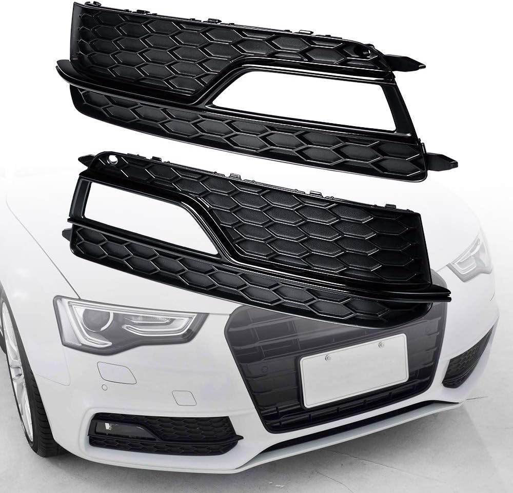 Astra Depot Front Bumper Glossy Black Trim Matte Black Fog Light Mesh Grille Compatible for 2013-2016 Audi A5 S-Line S5 LCI Driver Passenger Side