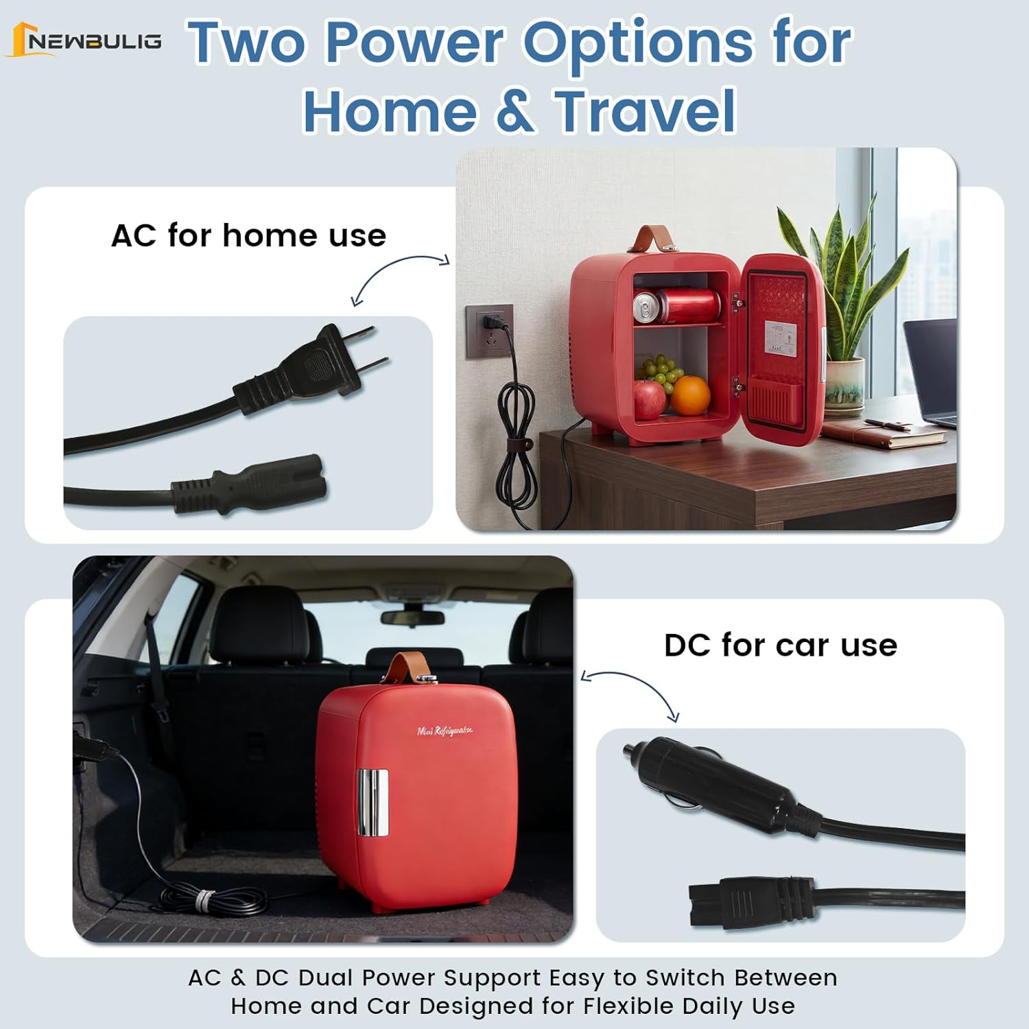 NEWBULIG Mini Fridge for Bedroom, Office & Car, Portable 4L/4.23QT Mini Refrigerator for Skincare with Handle, Ultra-Quiet Energy-Saving Compact Cooler for Drinks, Food, Skincare & Makeup, 12V AC/DC