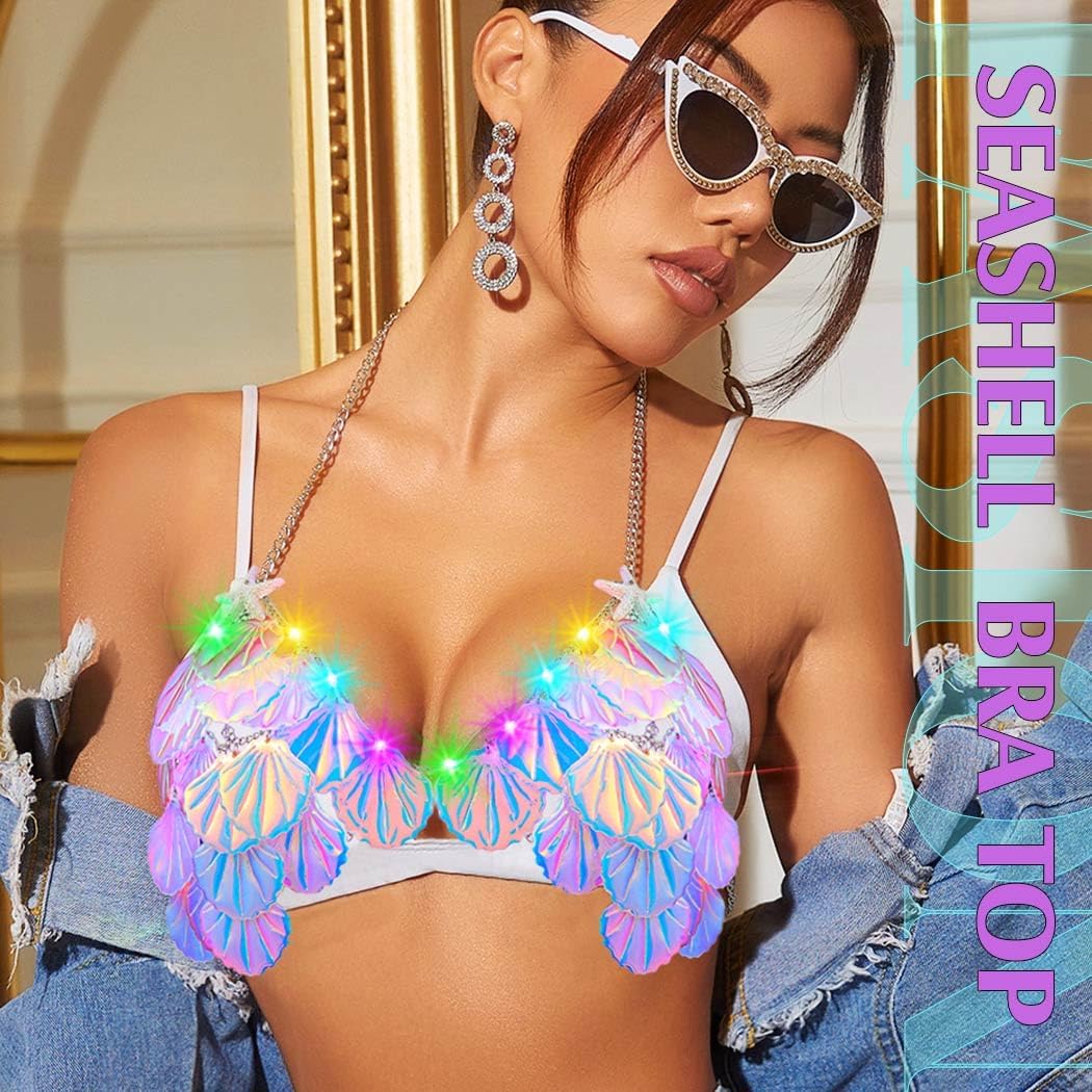 Zoestar Light Up Seashell Bra Sparkly Sequin Bikini Top Glowing Mermaid Shell Bra Tops for Women - Image 3