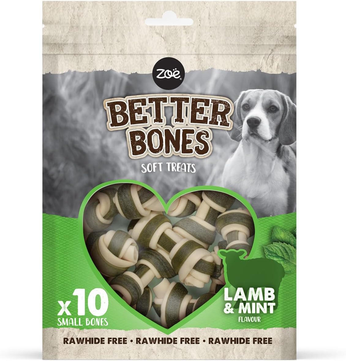 Zoë Better Bones Soft Dog Treat Chews, Pouch of Rawhide-Free, Bone-Shaped Dog Training Chews - Lamb & Mint Flavour, 1 Bag of 10 pcs