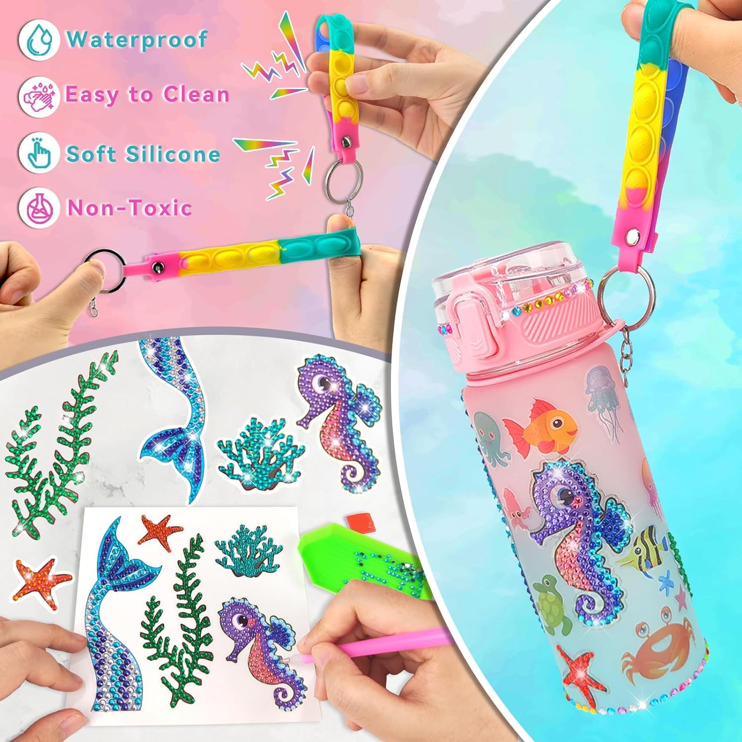 Goorder Regalo Bambina 6 7 8 9 10 11 12 Anni, Kit Borraccia Fai Da Te con Gemma Sirena Adesivi, Regalo per Ragazze per il Rientro a Scuola, Natale, Compleanno