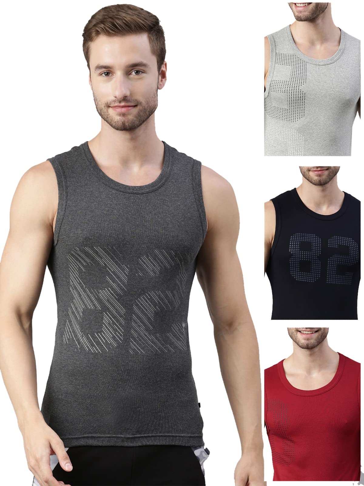 DIXCY SCOTT MAXIMUSMen's Sleeveless Round Neck Ribbed 100% Cotton Vest Innerwear with Stylish Text Print on Chest | Smart Wash Technology | Advanced Moisture Vest Innerwear |(Pack of 4) Color and Print May Vary