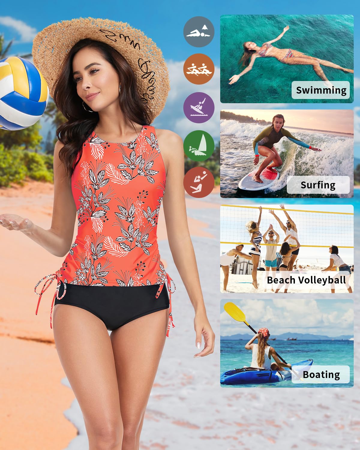 WOWENY Tankini Damen Bauchweg Oberteil Einzeln（Nur Tankini Oberteil Sport Badeanzug mit Cups Swim Top Schnell Trocknend Strandbekleidung