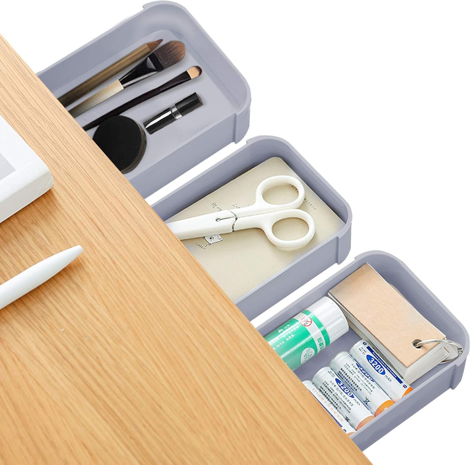 Under Desk Drawer, 3 Pcs Desk Drawer, White Self-Stick Under Desk Storage, Pop-up Hiding Tray Drawer Organizer for Pens Pencils Phones Paperclips, Mini Desk Organizer for Office, School, Home
