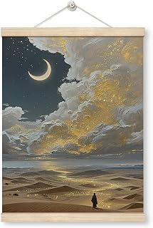 WDSXWH Starry Desert Night Wall Art, Moonlight and Golden Clouds Oil Painting Artwork, Desert Starry Landscape Canvas Wall Art for Living Room Bedroom Bathroom Office Decor 12 X 16 Inches