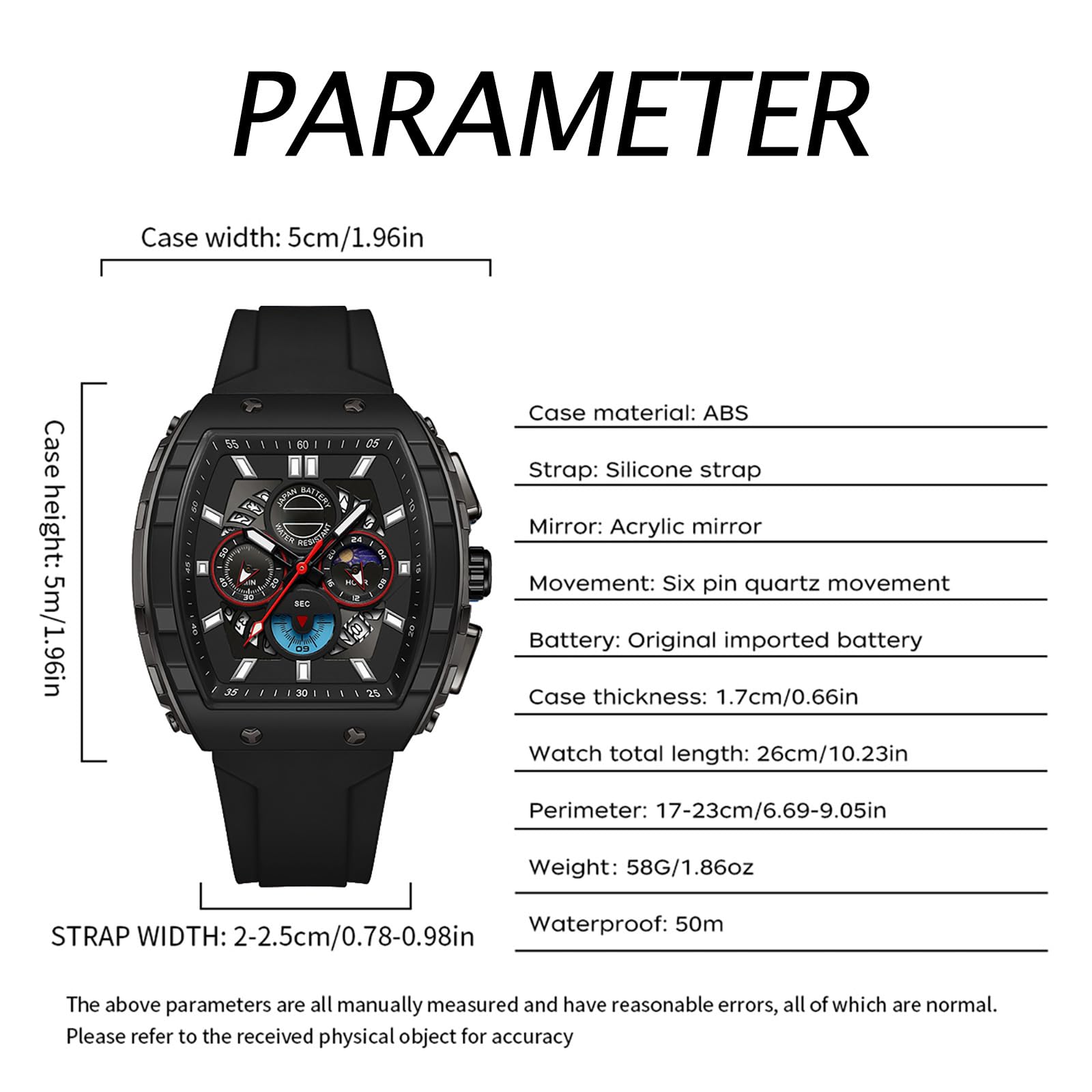 Armbanduhr, großes Display, rechteckig, für Herren, Militär, Taktik, Sport, Analog, Quarz, großes Zifferblatt, 5 ATM, Alarm, Hintergrundbeleuchtung, wasserdicht, Armband atmungsaktiv und komfortabel