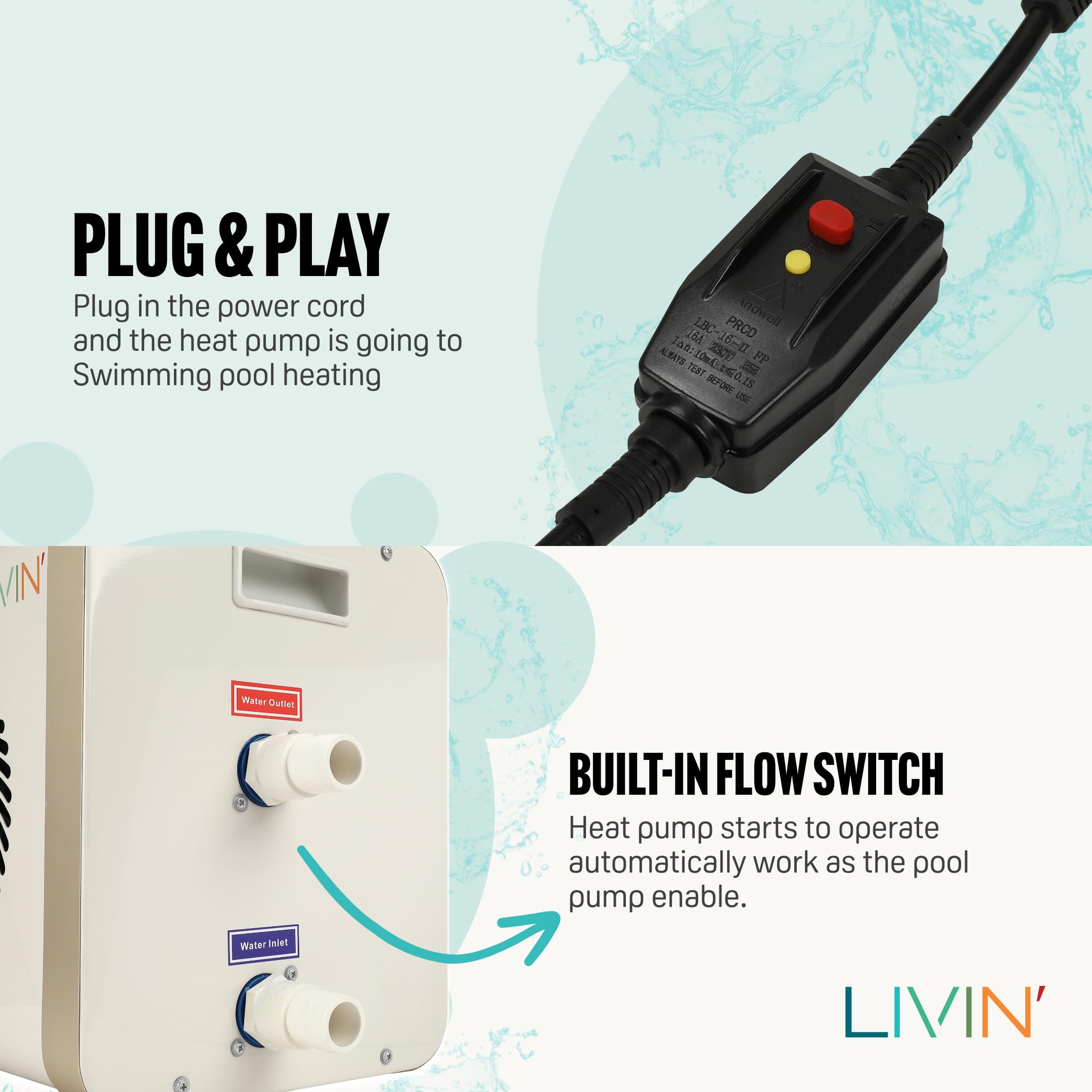 LIVIN' Minibomba de calor para piscina de 5 kW, accesorios para piscina con 32/38 mm de diámetro, para calentar piscinas grandes con 20.000 L de capacidad, indicador LED, corriente de 230 V,