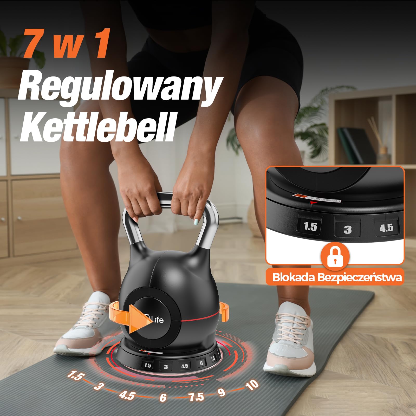 DH FitLife Regulowany Kettlebell 7w1 (1,5-10 kg) – Odważnik Kulkowy z 7 Poziomami Wagi do Treningu Domowego i Fitness, Kompaktowy i Oszczędzający Miejsce