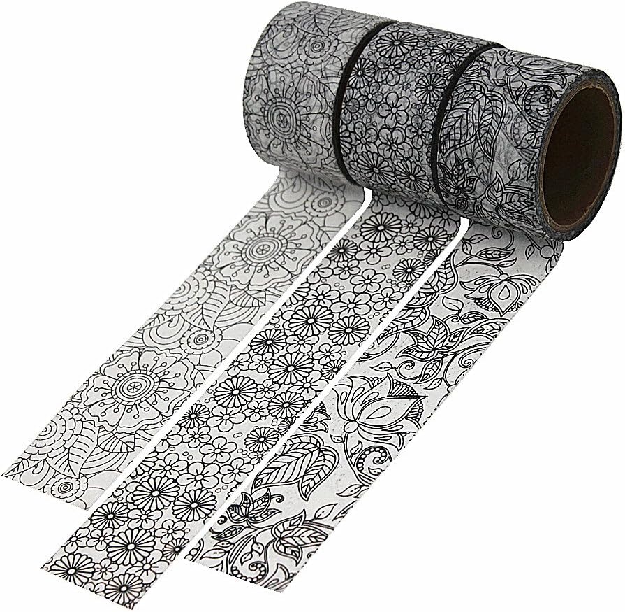 Dawnzen® 3 Rolls Washi Tape Set, 30mm Wide Decorative Masking Japanese Paper Tapes for Scrapbooking Arts Crafts, Room Decorative, Gift Wrapping and Party Supplies - Gray Flower Leaves Plants