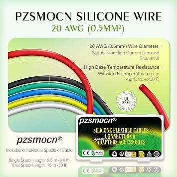 20AWG 0.5mm² Silicone Wire 50ft 6-Colors Flexible Kit | High-Quality Insulated Leads, Prototyping-Ready, Robotics-Compatible, Lighting-Electronics, Reliable Connections