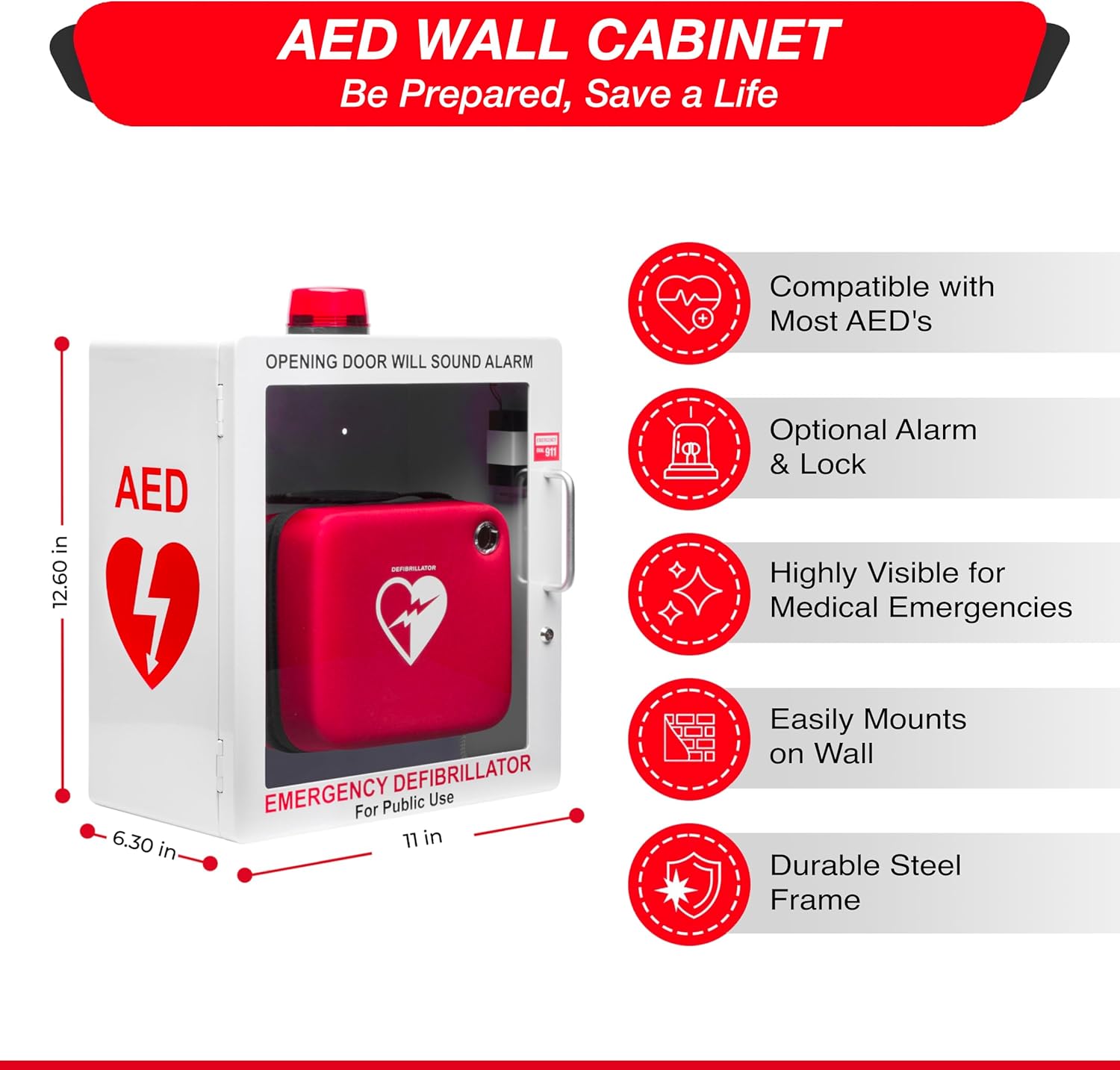 AED Defibrillator Wall Mount Cabinet | Optional Alarm & Lock | Durable Steel Frame | Fits Most Brands of AED's for Public Spaces or Home (White)(AED NOT Included)