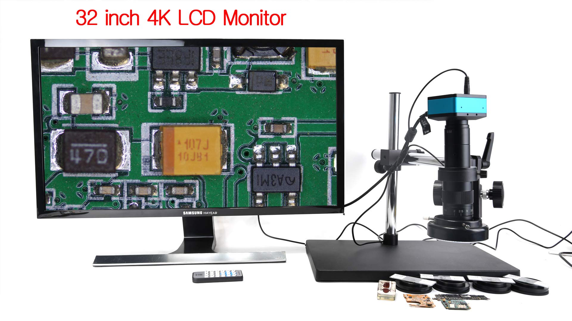 HAYEAR Kit de cámara de microscopio HDMI 4K para laboratorio industrial PCB salida USB TF tarjeta grabadora de video + lente de montaje C 180X + soporte estéreo grande + luz LED 144