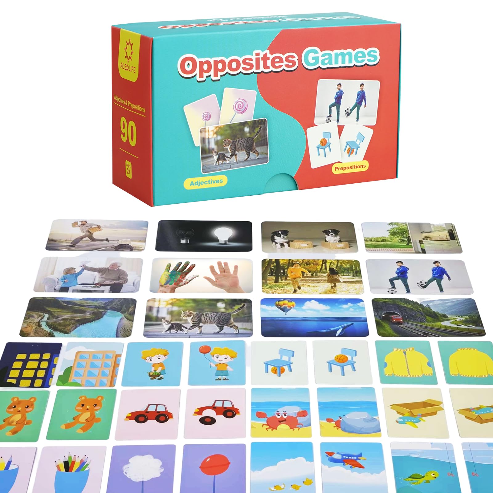 90 Opposites Flash Cards| 6 Fun Games for Adjective & Preposition Learning, Gotogether Matching Flashcards for Preschool Learning, ABA Therapy| Speech Therapy Material for Kids Ages 2-6