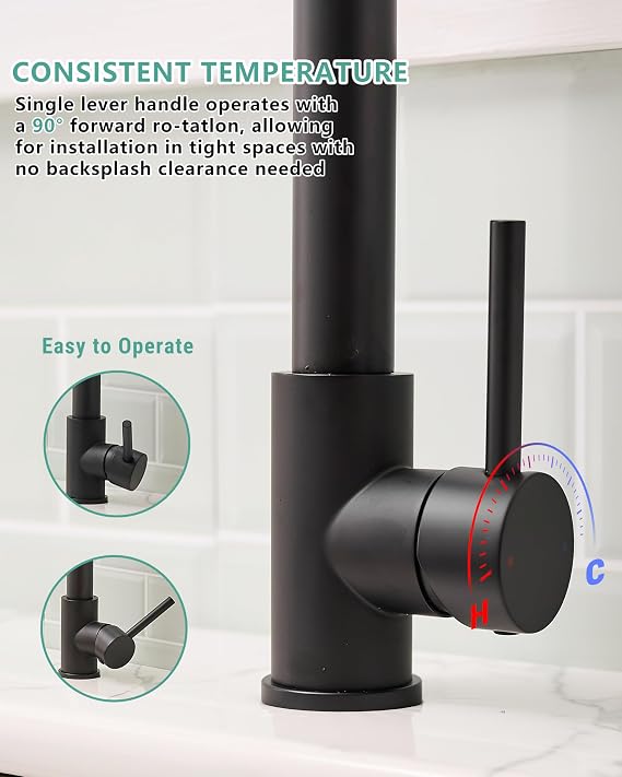 Fapully Black Kitchen with Pull Down LED Sprayer Faucet and Waterfall Bathroom Faucet