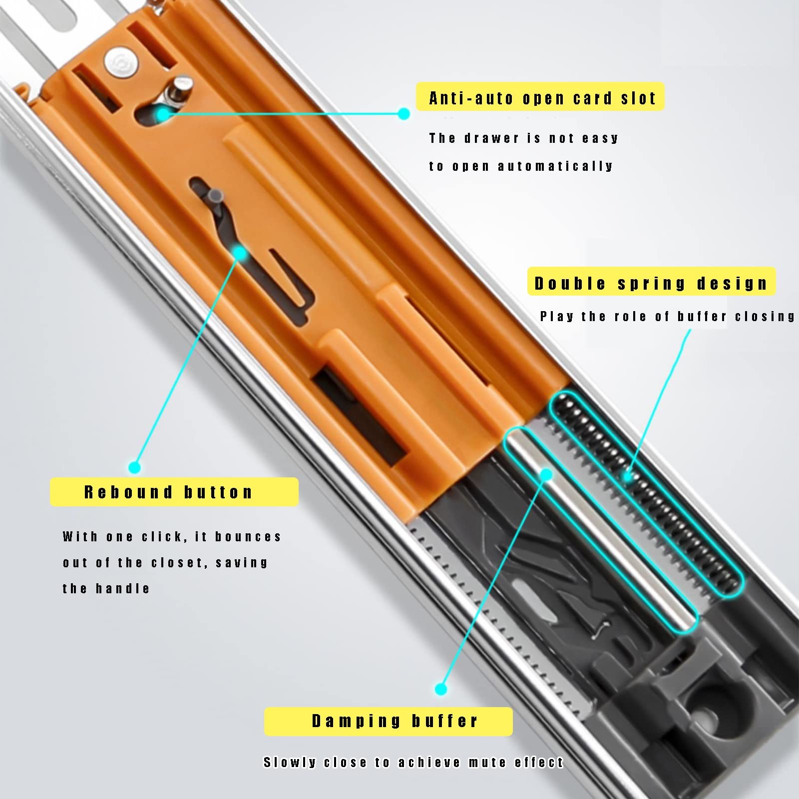 Guide per cassetti, guide con chiusura ammortizzata, guide ad estrazione totale, chiusura a tampone, apertura e chiusura a scatto, mute e lisce, portante 45 kg, una coppia di guide laterali