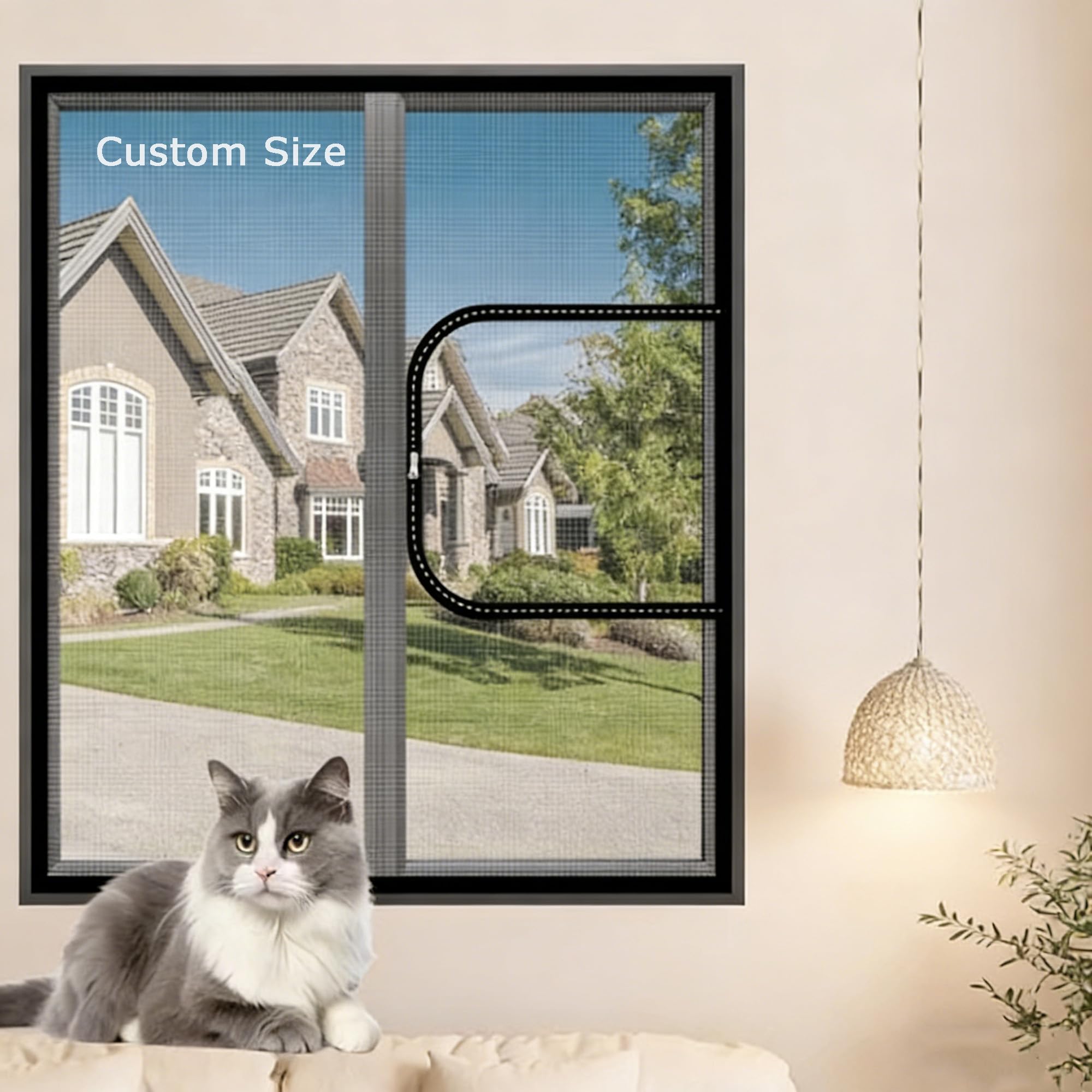 XIEMINLE Custom Cat Window Safety Net, Self-Adhesive Cat Protection Netting with Zipper, Fly Screen Mosquito Insect Mesh, Pets Protection Window Guard, Pet Protect Mesh