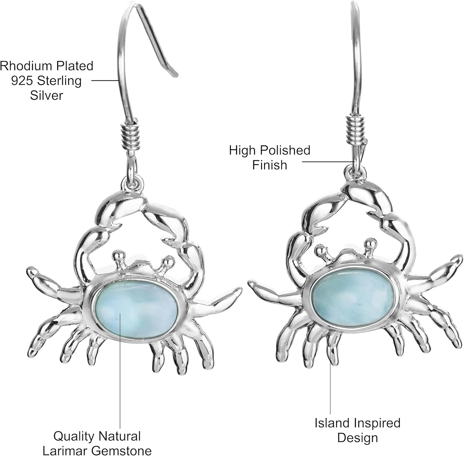925 Sterling Silver Natural Larimar Crab Dangle Hook Earrings, Horoscope Zodiac, Nickel Free Hypoallergenic for Sensitive Skin, Gift Box Included