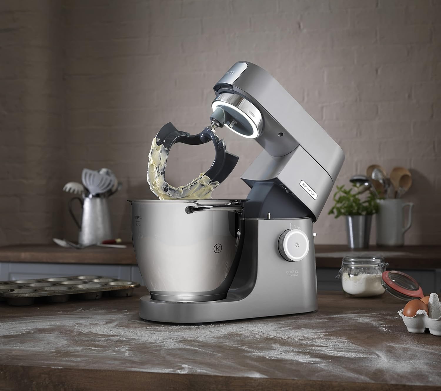 KENWOOD Stand Mixer Kitchen Machine Metal Body CHEF XL TITANIUM 1700W with 6.7L SS Bowl, 5 Tool Attachments, Glass Blender, Meat Grinder, Multi Mill KVL8430S Silver 8 Attachments