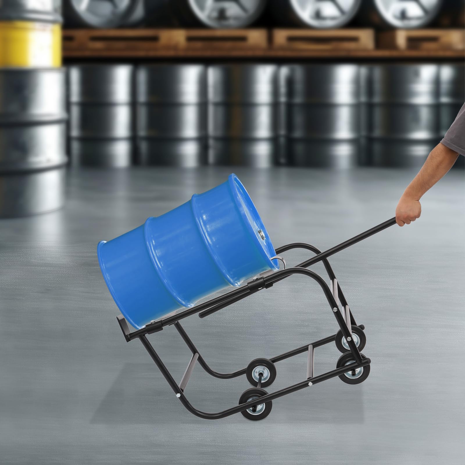Rodillo de barril para barril de 208 L, soporte de barril móvil con 4 ruedas, capacidad de carga de 272 kg, para taller, fábrica y objetos cilíndricos