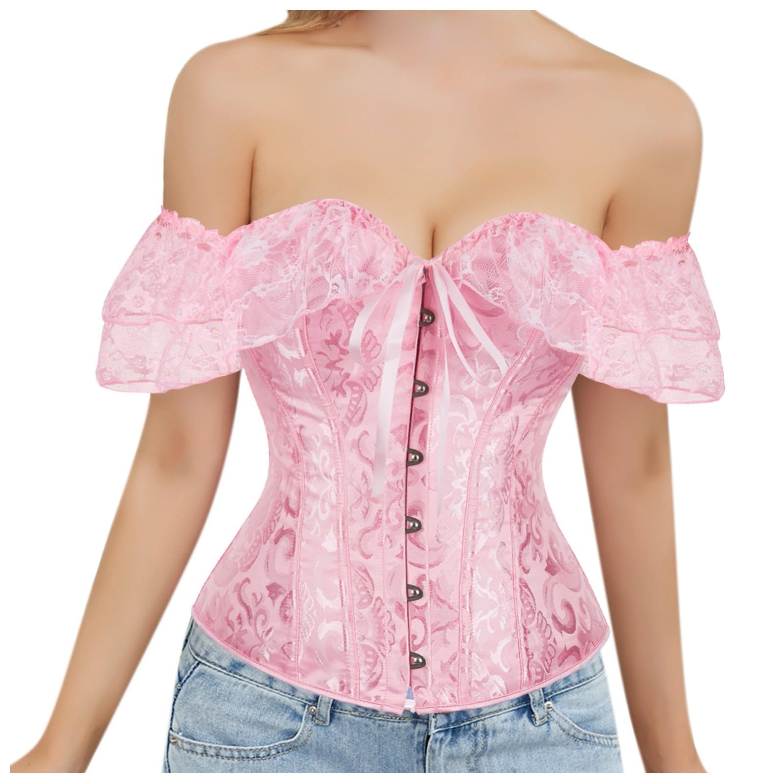 Elegante corsetto in broccato con maniche ad aletta, da donna (rosso, XL)
