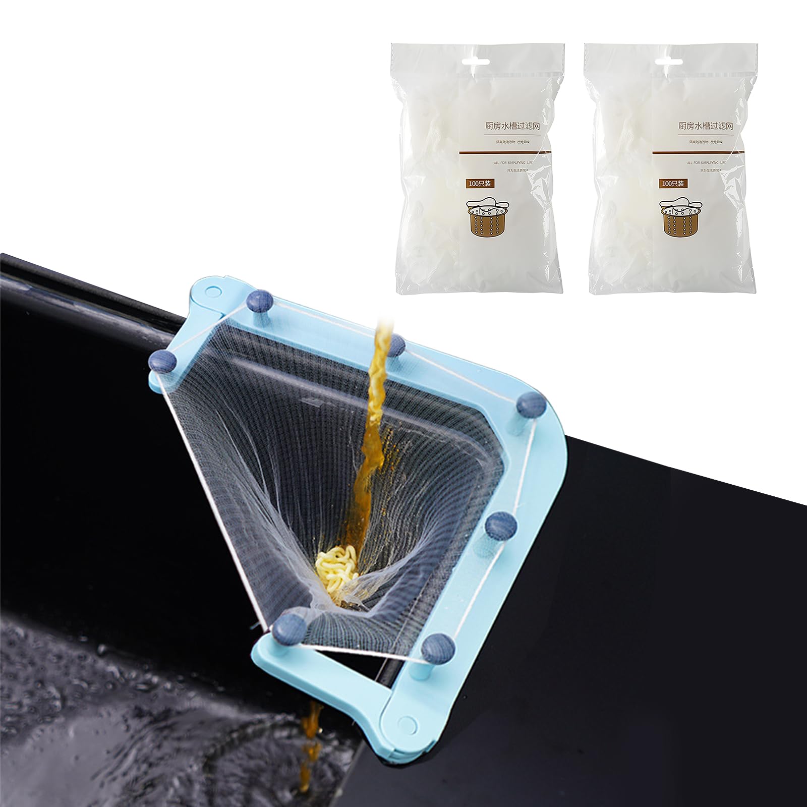 Kitchen Sink Triangle Tri-Holder Filter, Kitchen Sink Strainer, Sink Drain Strainer, with a Triangular Blue Rack and 200PCS Large Size Filtering Mesh Bags for Food Leftover