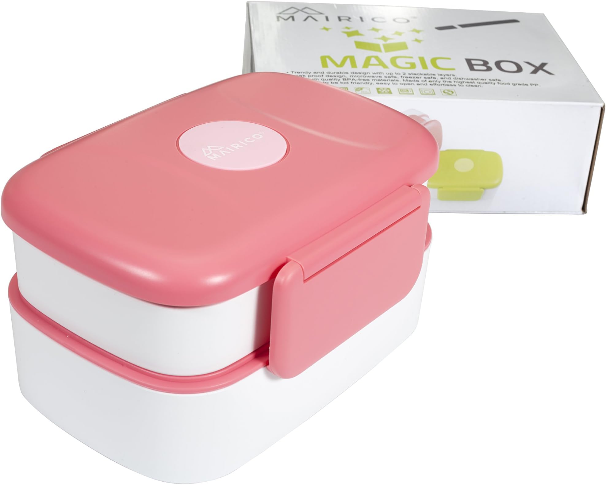 MAIRICO Premium Stackable Bento Lunch Box (Pink) for Adults and Kids - Beautiful, 2 Stackable Layers, BPA free, Leak-proof, Microwave, Freezer and Dishwasher Safe