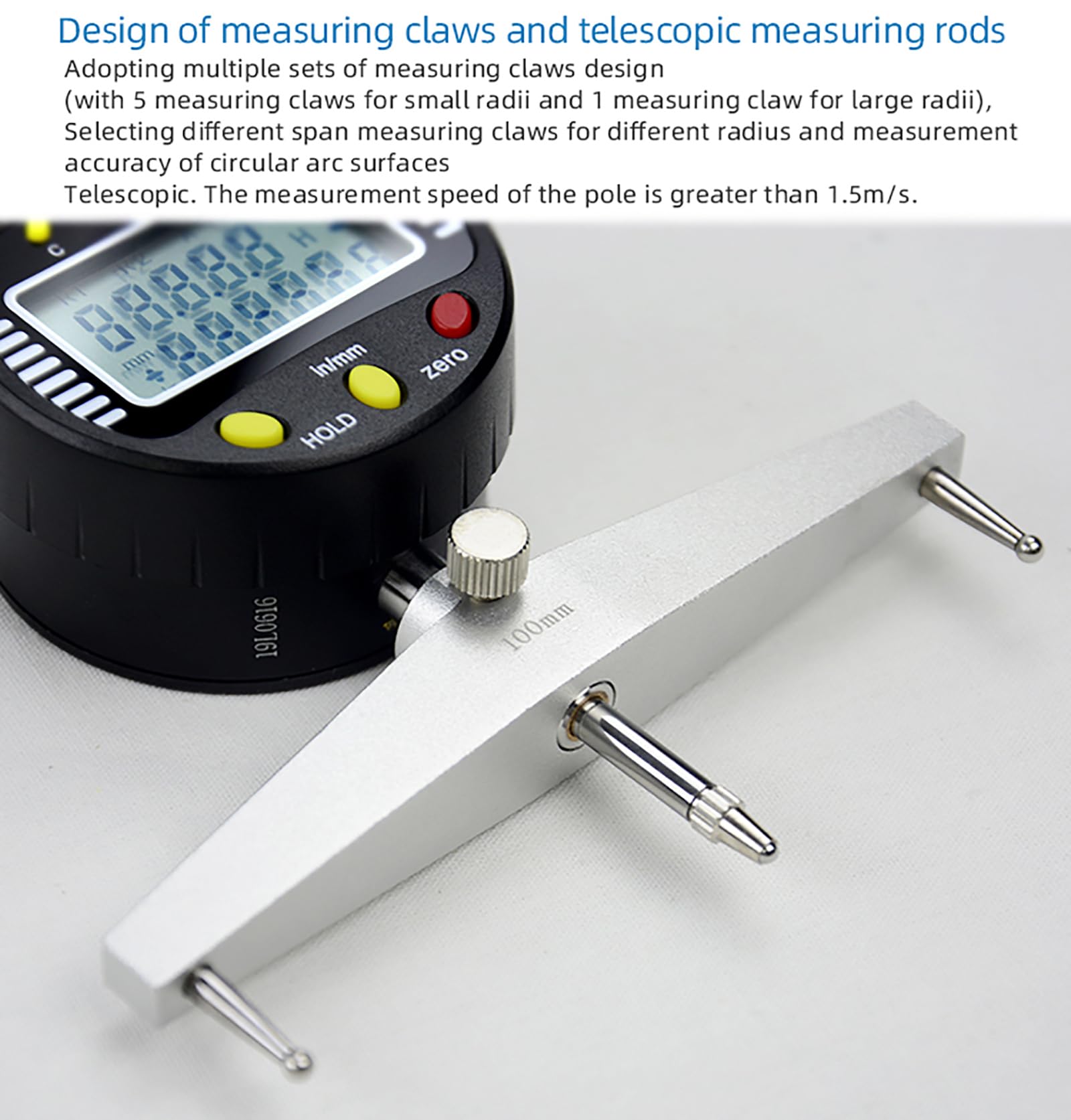 Digitales Messgerät für Innen- und Außenradius mit austauschbaren Messkrallen von 10 mm / 20 mm / 30 mm / 60 mm / 100 mm, linearer Bereich 0-12,7 mm