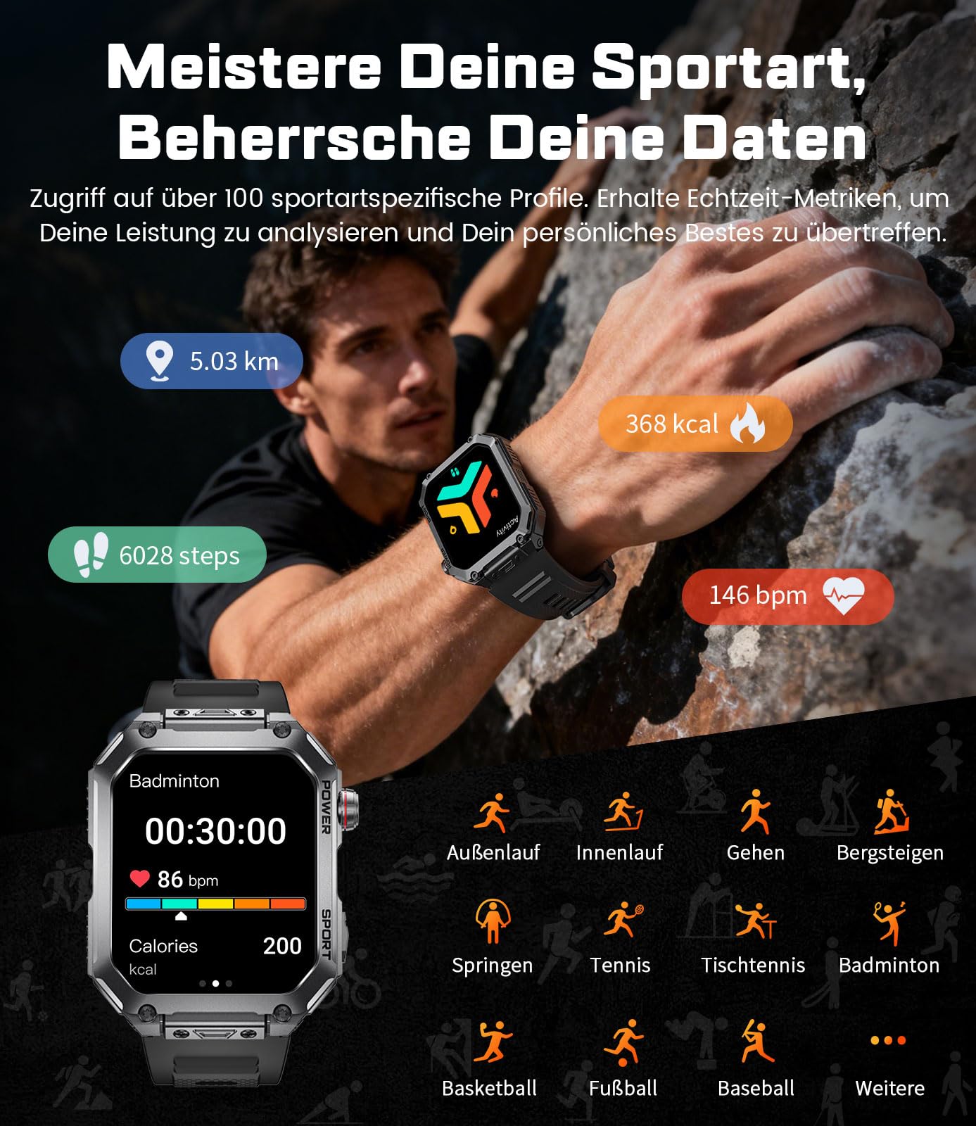 ESFOE Reloj Inteligente Hombre(3 Correas),1.96" Militar Smartwatch Hombre con Llamadas,5ATM Impermeable, 400mAh, 100+ Modos Deportivos/24H Pulsómetro/Sueño/Podómetro Pulsera Actividad Negro Metalizado