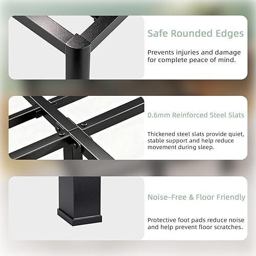 Miniatura 6 de Marco de cama tamaño Queen, base de cama de plataforma de metal resistente de 14 pulgadas, base de colchón de acero sin ruido, no necesita somier,