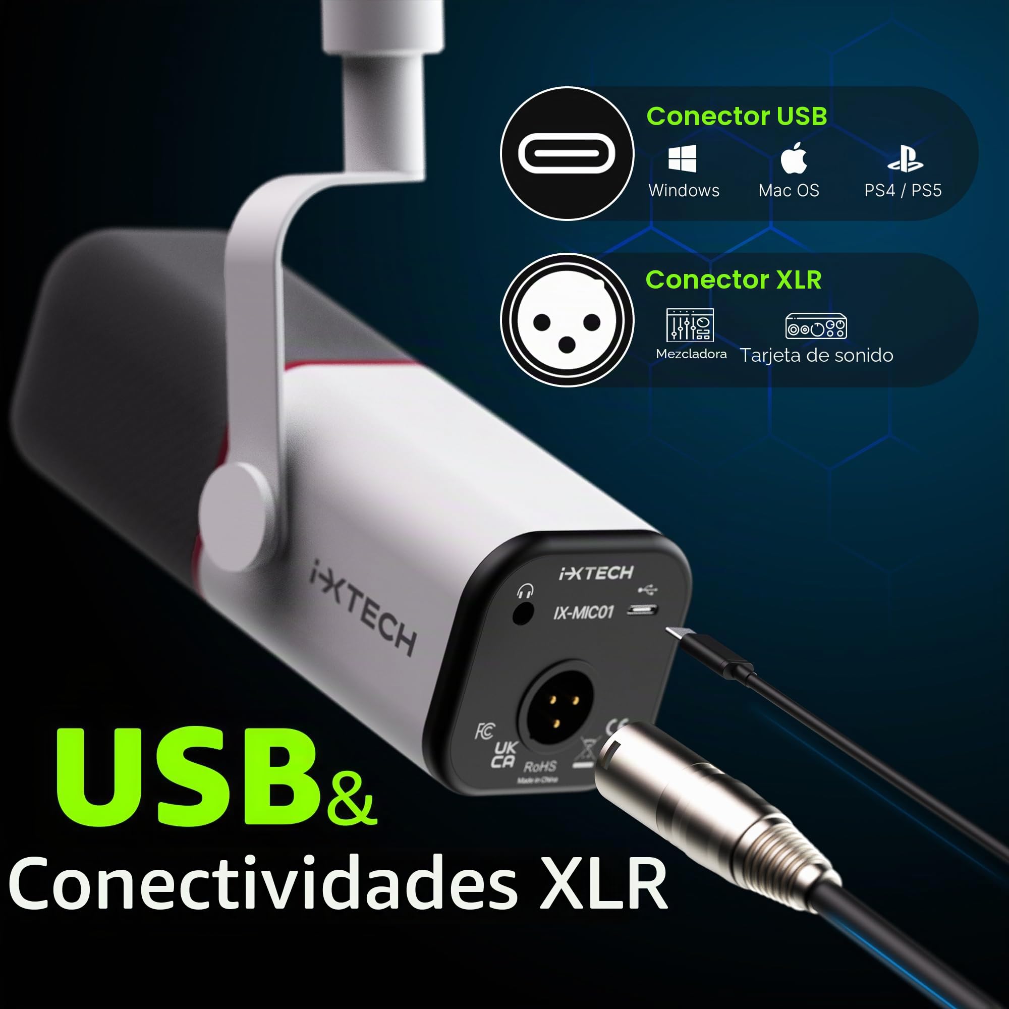 IXTECH Micrófono dinámico cardioide con cubierta de micrófono, micrófono USB XLR vocal para podcasting, transmisión, grabación, juegos y voz en off (blanco)